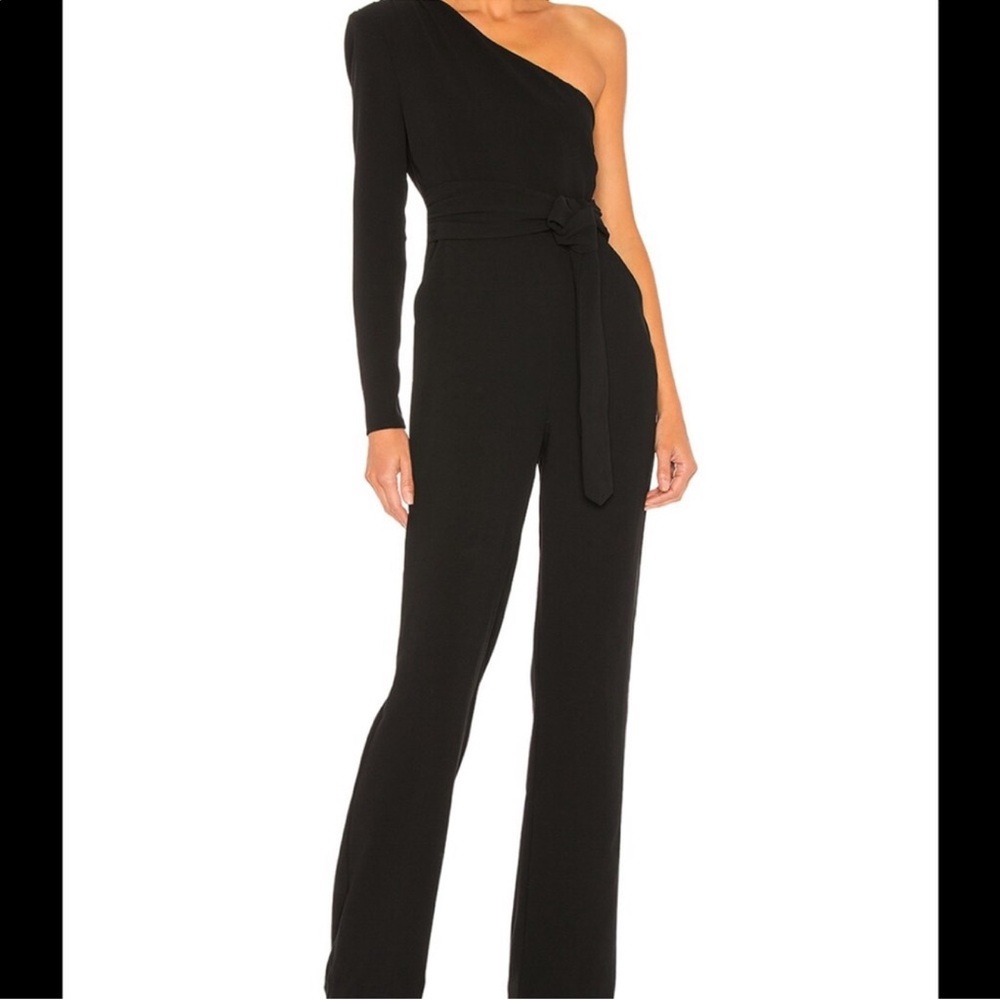 NBD Black One-Shoulder Belted Jumpsuit